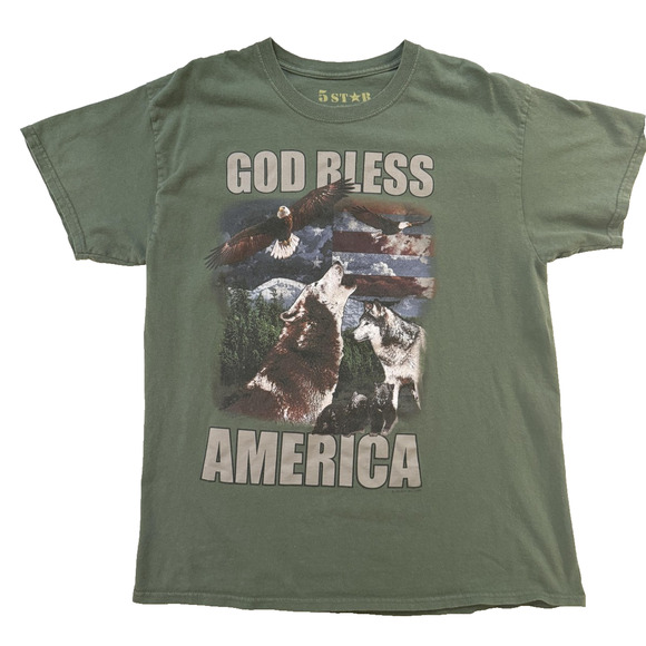 God Bless America Shirt Mens Large Green Patriotic Wolf Eagle Nature Graphic USA - Picture 1 of 6